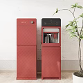 Modern Red Standing Water Dispensers With Green Plant Light Wall And Wooden Floor