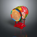 Colorful Traditional Drum With Red Stand And Dragon Patterns On Brown Head