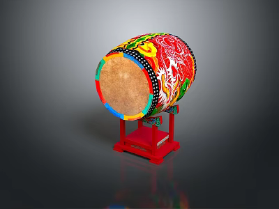 Colorful Traditional Drum With Red Stand And Dragon Patterns On Brown Head 3d model