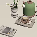 Cozy Tabletop Arrangement With White Vase Tulips Green Kettle Coffee Cup And Books