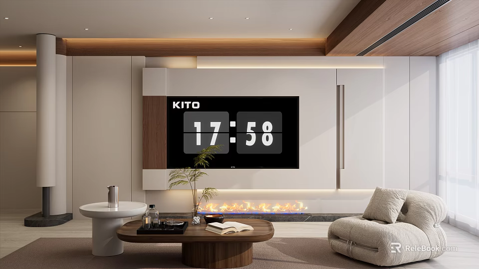 Warm Modern Minimalist Living Room Design With TV Wall Built In Fireplace And Soft Furnishings 3d model 