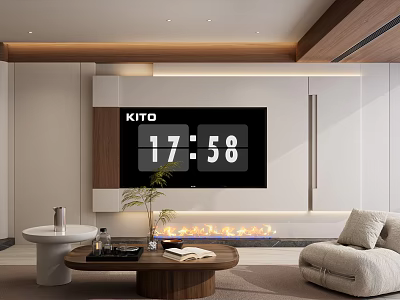 Warm Modern Minimalist Living Room Design With TV Wall Built In Fireplace And Soft Furnishings 3d model