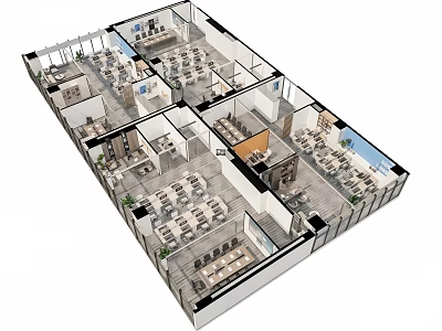 Modern Well Planned Office Layout With Open Workstations Private Rooms And Multiple Functional Meeting Spaces 3d model