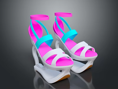 Stylish Strappy Pink And Turquoise Sandals With White Unique Sculptural Sole Design 3d model