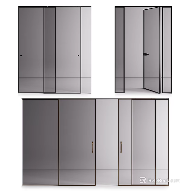 Modern Interior Doors Design With Mirrored Panels Metal Handles And Open Closed Positions 3d model 