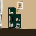 Green Arched Shelving Unit With Radio Vase Wine Bottles Books And Magazines In Beige Wall