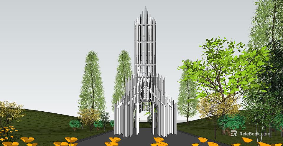 Ancient Architecture Tower With Vertical Pillars Spire Surrounded By Trees Grass Yellow Flowers Along Pathway 3d model 