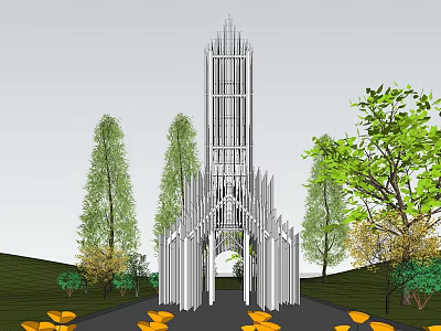 Ancient Architecture Tower With Vertical Pillars Spire Surrounded By Trees Grass Yellow Flowers Along Pathway 3d model
