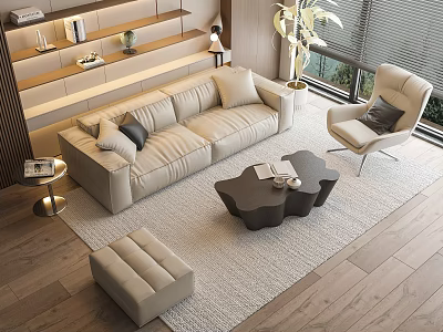 Modern Beige Sofa Coffee Table Set With Accent Chair Ottoman And Light Area Rug 3d model