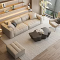 Modern Beige Sofa Coffee Table Set With Accent Chair Ottoman And Light Area Rug