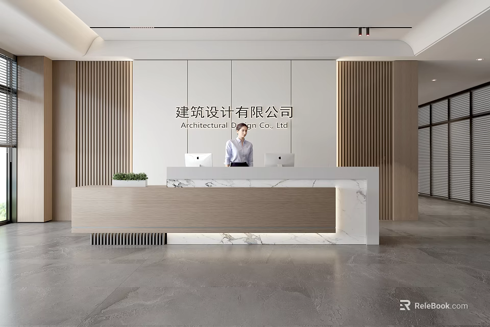 Modern Front Desk Reception Area With Wooden Panels And Marble Countertop 3d model 