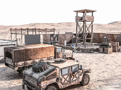 Desert Military Base Featuring Armored Vehicles Watchtower Crates And Sandy Terrain 3d model