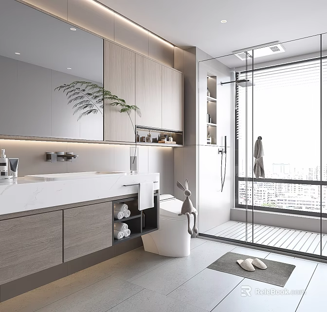 Modern Bathroom Interior Design With Large Mirror Wooden Cabinets Decorative Plant And Glass Shower 3d model 