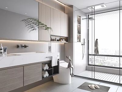 Modern Bathroom Interior Design With Large Mirror Wooden Cabinets Decorative Plant And Glass Shower 3d model