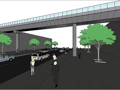 Modern Pedestrian Bridge Over Urban Road With Cars Pedestrians And Trees 3d model