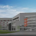 Modern School Building Exterior With Glass Windows Spacious Plaza Green Trees And School Bus