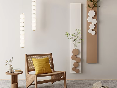 Modern Minimalist Interior With Hexagonal Wall Decor Wooden Chair And Green Plants 3d model