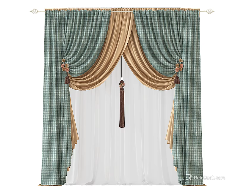 Green And Gold Pleated Curtains With White Sheer And Decorative Tassels 3d model 