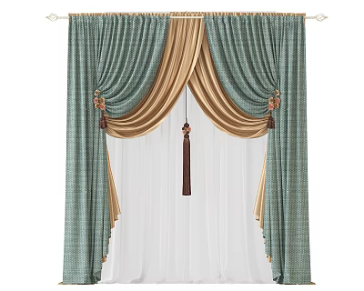 Green And Gold Pleated Curtains With White Sheer And Decorative Tassels 3d model