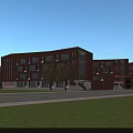 Modern School Building With Red Brick Exterior Large Glass Windows Symmetrical Entrance And Green Lawn