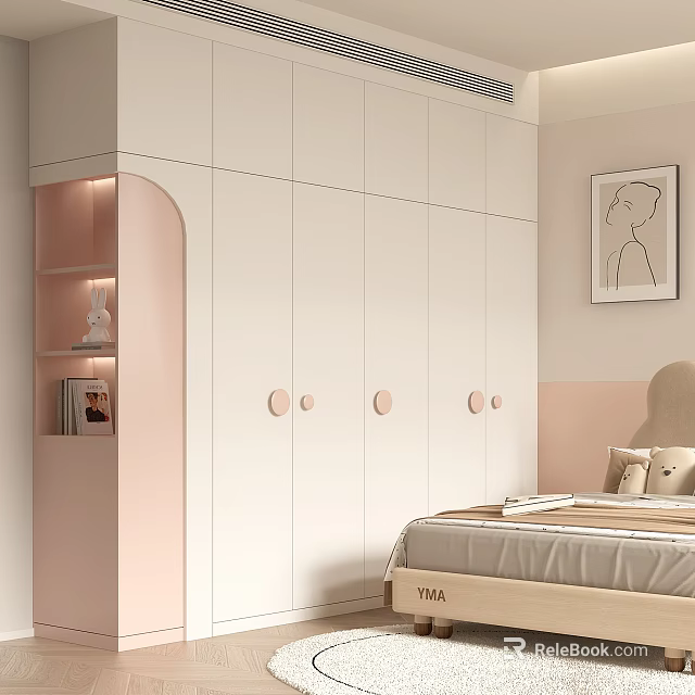 Modern Minimalist White Wardrobe With Curved Open Shelf And Round Knobs In Bedroom 3d model 