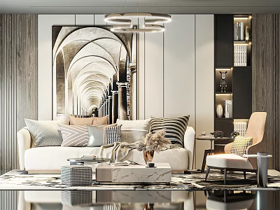 Elegant Modern Sofa Coffee Table Set With Throw Pillows Armchair Rug And Chandelier 3d model