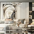 Elegant Modern Sofa Coffee Table Set With Throw Pillows Armchair Rug And Chandelier