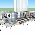 Modern Commercial Complex Exterior With Glass Facade Large Billboard And Pedestrians