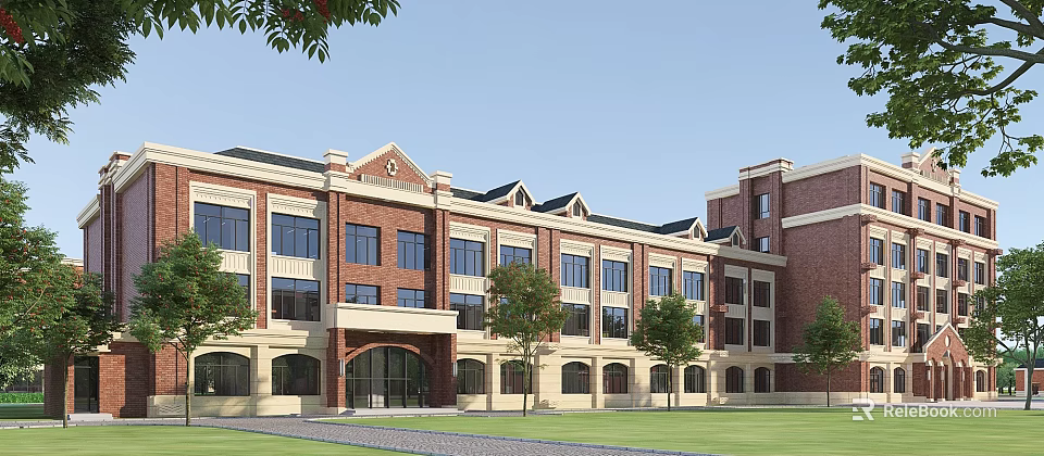 Classical Style School Building With Red Brick Exterior Arched Entrance Multiple Windows And Green Lawn 3d model 