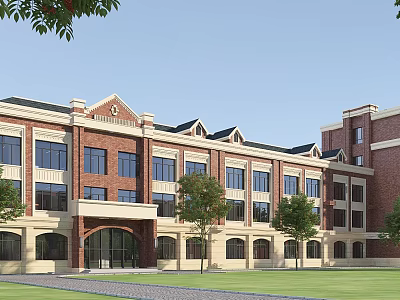 Classical Style School Building With Red Brick Exterior Arched Entrance Multiple Windows And Green Lawn 3d model