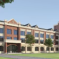 Classical Style School Building With Red Brick Exterior Arched Entrance Multiple Windows And Green Lawn