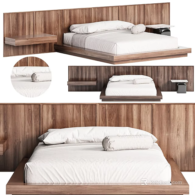 Modern Double Bed Interior Design With Wooden Frame White Sheets And Bedside Tables 3d model