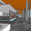 Modern Public Office Space with Long Tables Chairs Arched Ceiling and Large Glass Windows