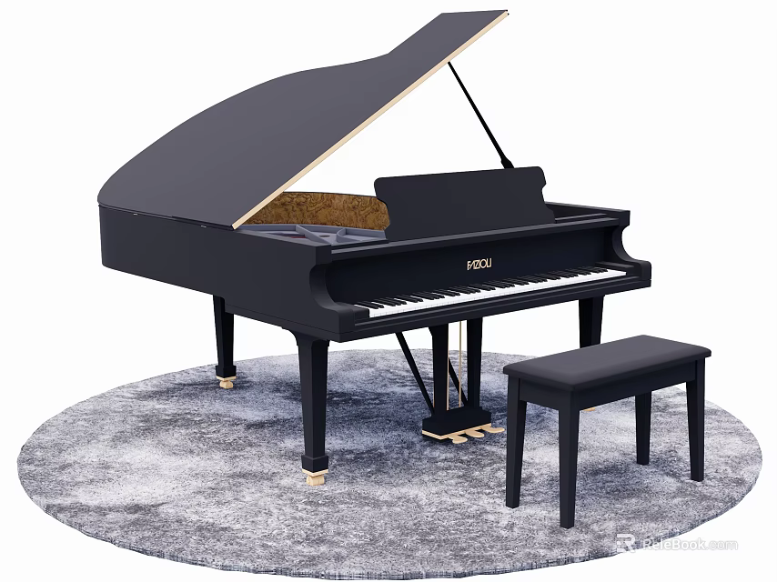 Stylish Black Musical Instrument Piano With Matching Bench And Soft Gray Rug 3d model 