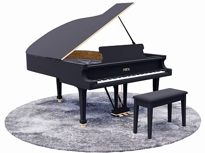 Stylish Black Musical Instrument Piano With Matching Bench And Soft Gray Rug 3d model