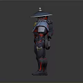 Detailed Futuristic Warrior Armor Design With Blue Red Accents And Conical Hat