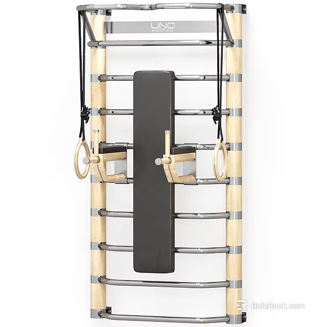 Wall Mounted Fitness Training Equipment With Wooden Frame Metal Bars Gym Rings And Black Pad 3d model 