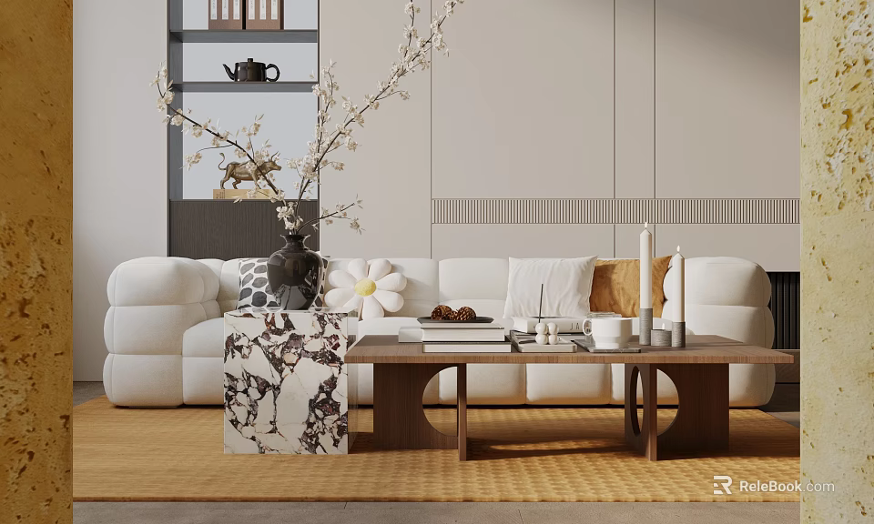 White Three Seater Sofa With Throw Pillows Wooden Coffee Table Marble Side Table Decorative Wall 3d model 