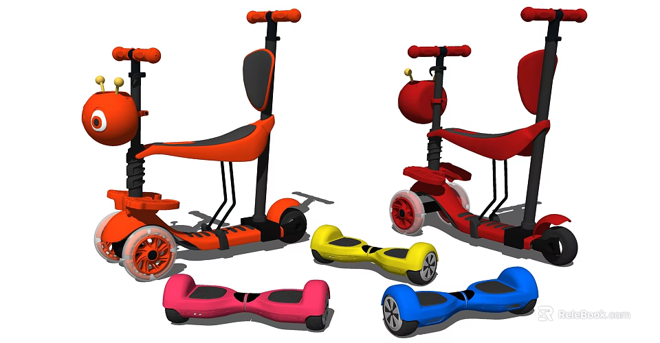 Colorful Kids Scooters And Hoverboards With Bright Colors And Fun Designs 3d model 