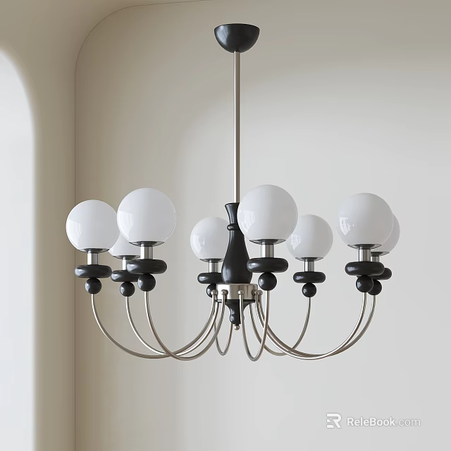 Modern Globe Chandelier With White Glass Balls Black Accents And Metal Arms 3d model 