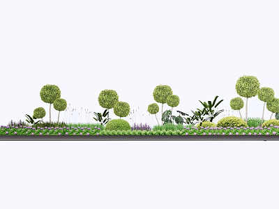 Neatly Trimmed Round Shrubs With Various Low Growing Flower Plants In Garden Border 3d model
