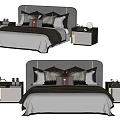 Modern Double Bed With Upholstered Headboard Soft Pillows And Nightstands 3d model