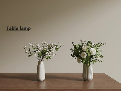 Decorative Vase Flower Arrangements With White Flowers Green Foliage On Wooden Table Beige Wall Background 3d model