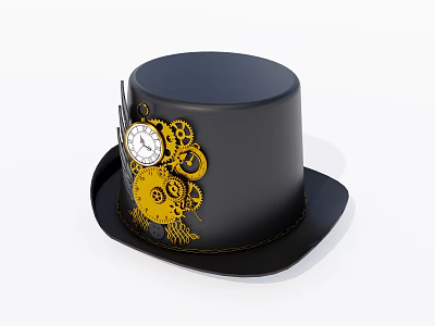 Black Steampunk Top Hat With Yellow Gears And Clock Decorative Elements 3d model