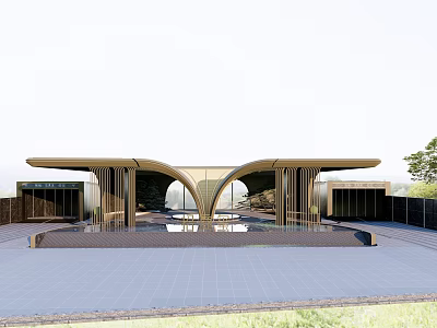Modern Arched Entrance Gate With Metal Frame And Glass Panels In Open Plaza Space 3d model