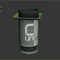 Gray Cylindrical Washbasin With Black Top Yellow Black Warning Stripes And C UNIT Logo