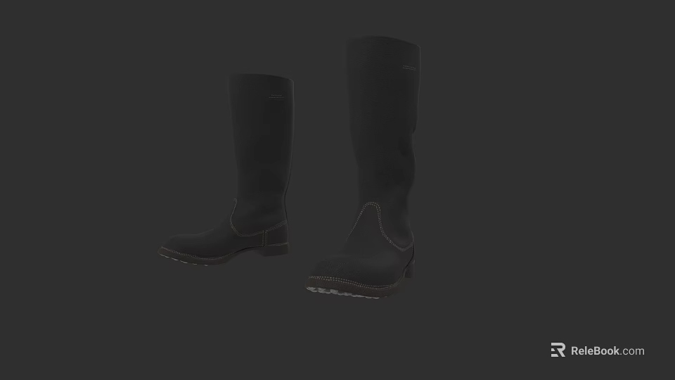 Black Knee High Leather Boots With Non Slip Textured Sole Design 3d model 
