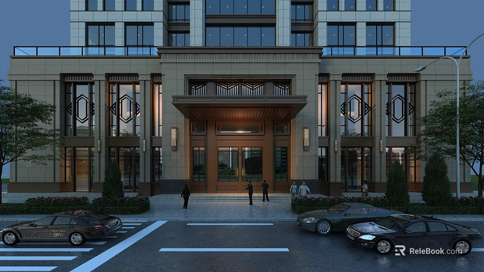 Elegant High Rise Architectural Exterior With Stone Facade Glass Windows And Decorative Entrance Portico 3d model 
