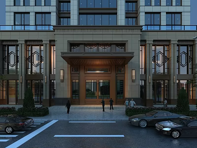 Elegant High Rise Architectural Exterior With Stone Facade Glass Windows And Decorative Entrance Portico 3d model