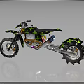 Green And Black Camo Off Road Motorcycle With Knobby Tires And Exposed Mechanics